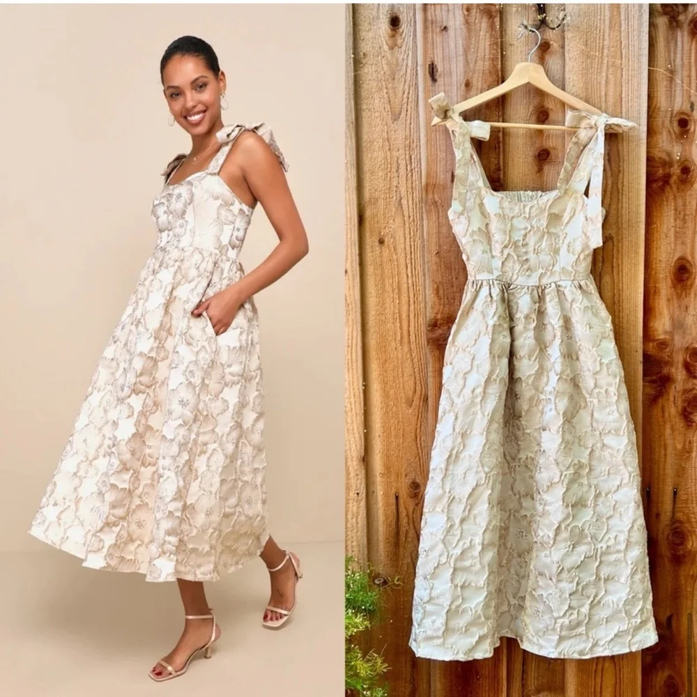 Lulu’s Cream & Gold Floral Jacquard Tie Strap Pockets Full Skirt MIDI Dress, S - Picture 1 of 14